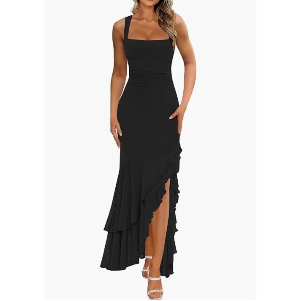 Women Black Ruched Square Neck Ruffle Hem Asymmetrical Maxi Dress Large Formal
